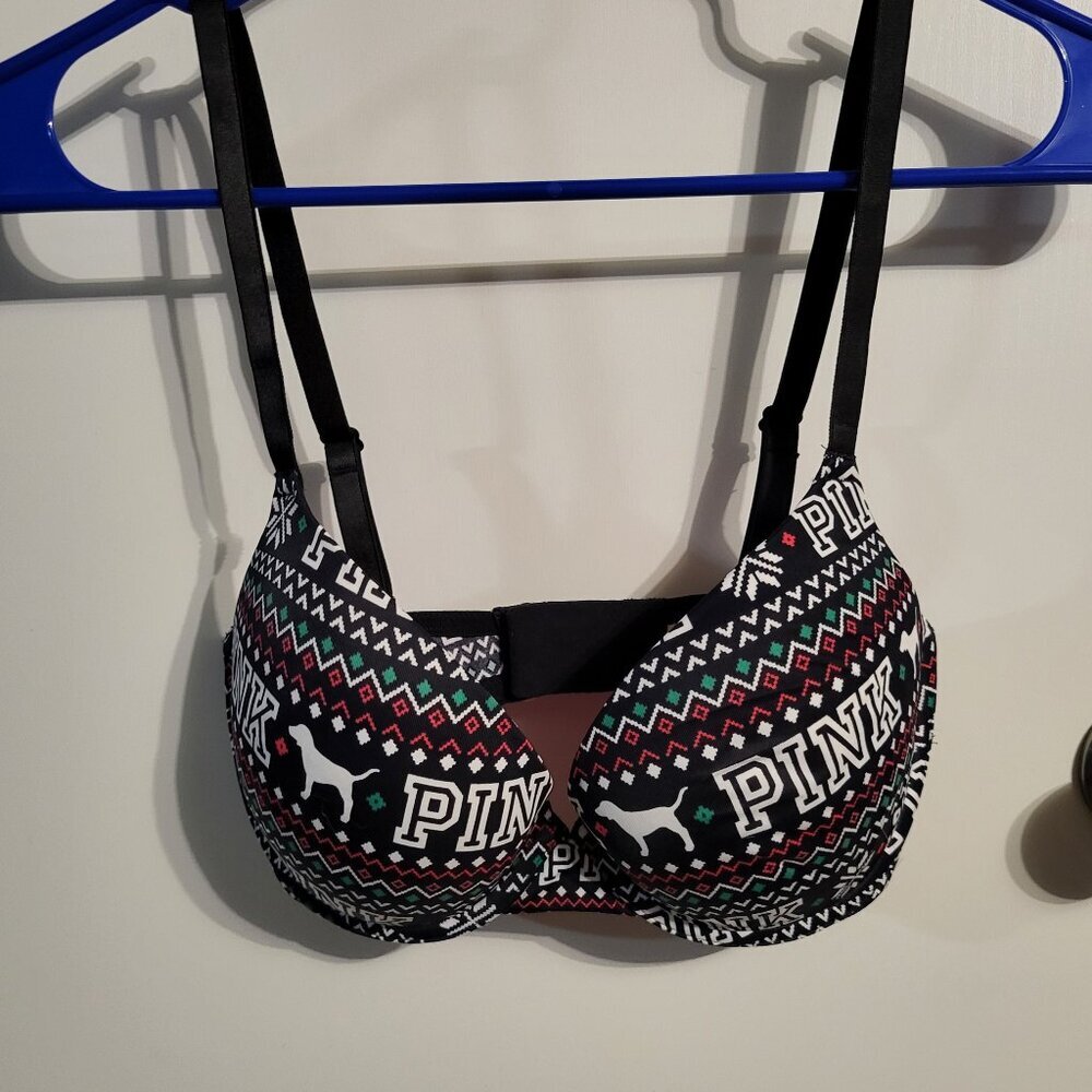 VICTORIAS SECRET PINK CHRISTMAS PRINT PUSHUP BRA SZ 32DD